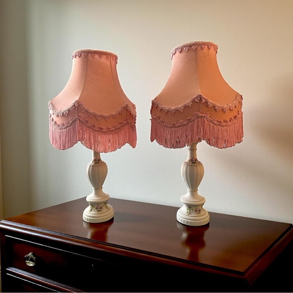 2 Lamps Victorian Mid-Century with Pink Fringe Shades Porcelain Base Flowers